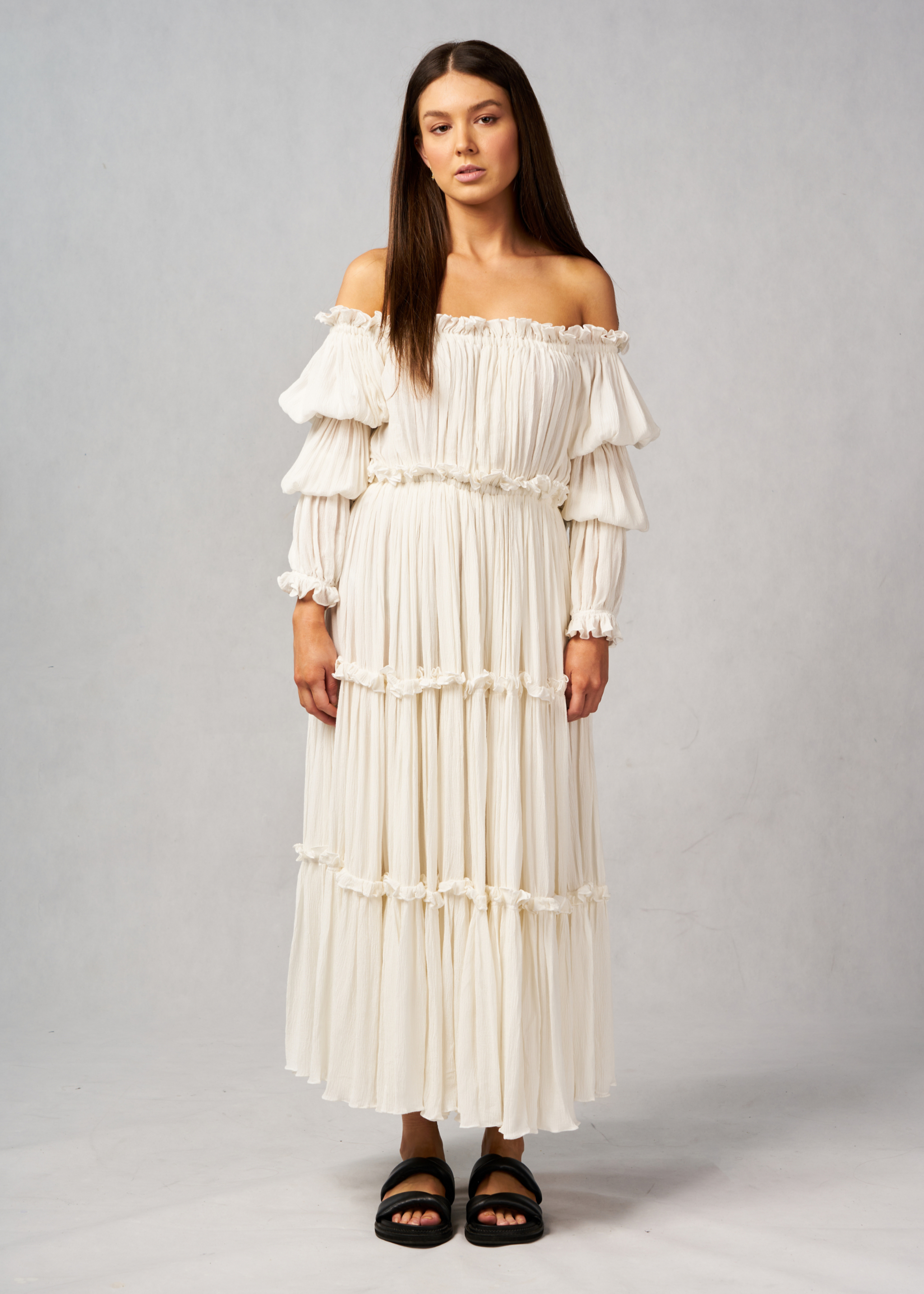 Hana Off-the-Shoulder Midi Dress Ethical, Bump-Friendly, Resort wear Hana Off-the-Shoulder Midi Dress Ethical, Bump-Friendly, Resort wear