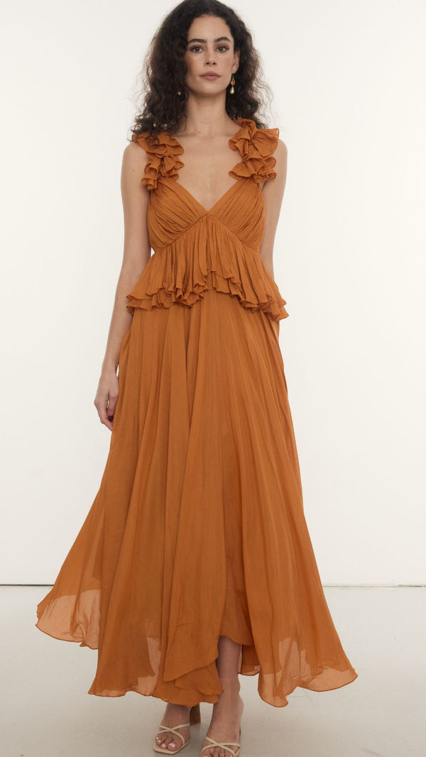 Lena Maxi Dress in Tan, Shop sustainable dresses with Rooh Collective