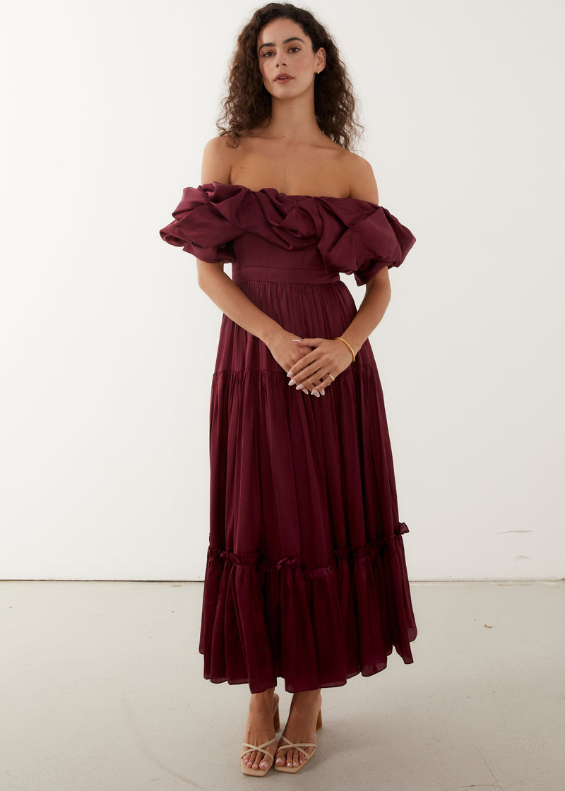 Zoey Midi Dress in Burgundy, Shop Sustainable Dresses with Rooh Collective