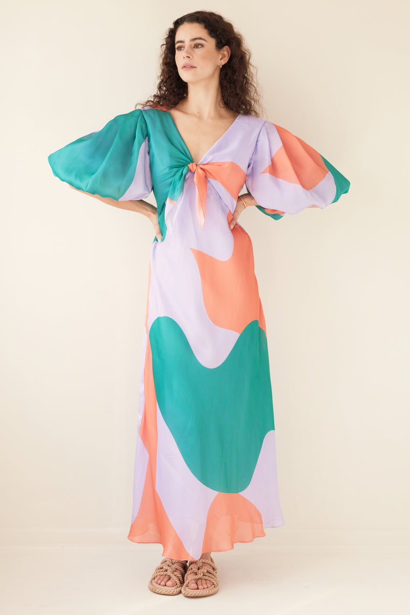 Abstract Lya Midi Dress with Balloon Sleeves, Shop sustainable dresses with Rooh Collective