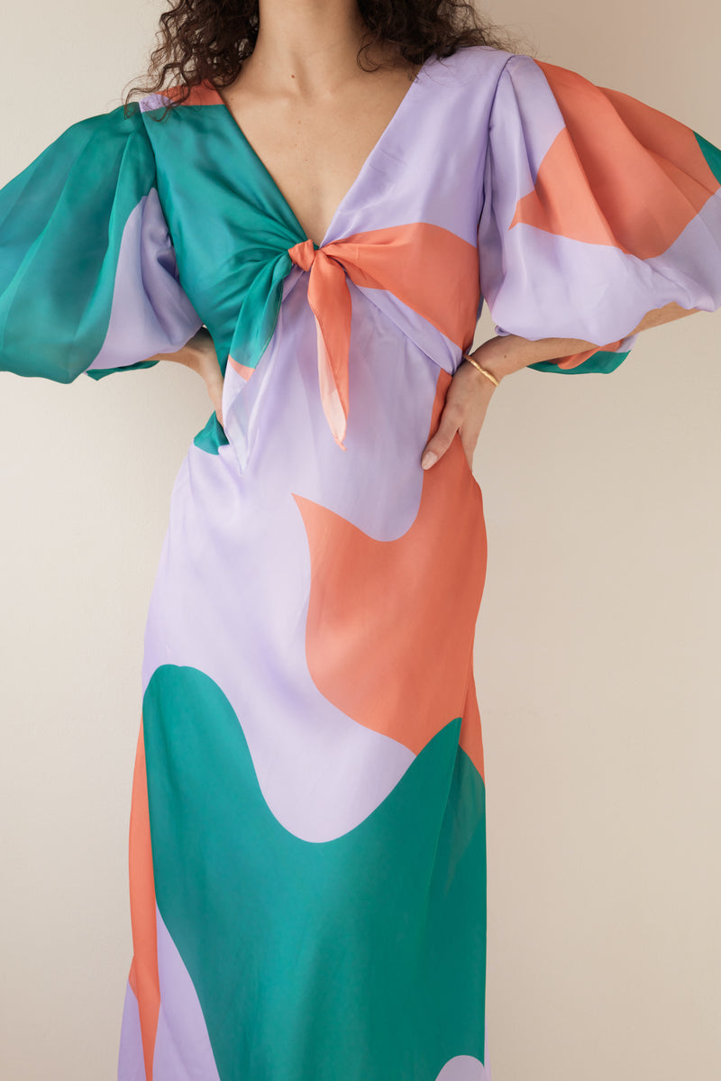 Abstract Lya Midi Dress with Balloon Sleeves, Shop sustainable dresses with Rooh Collective