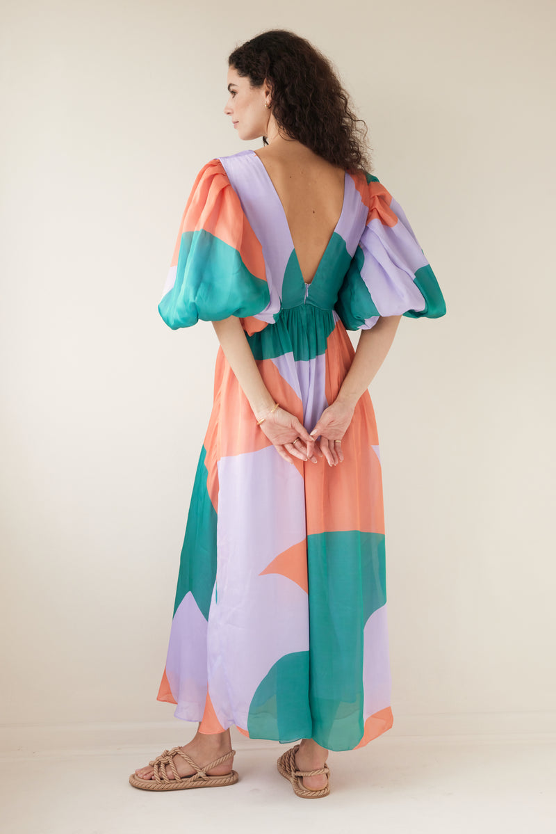 Abstract Lya Midi Dress with Balloon Sleeves, Shop sustainable dresses with Rooh Collective