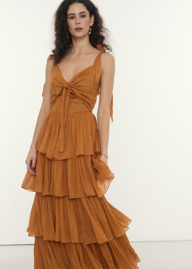 Neya Midi Dress in Tan, Shop sustainable dresses with Rooh Collective
