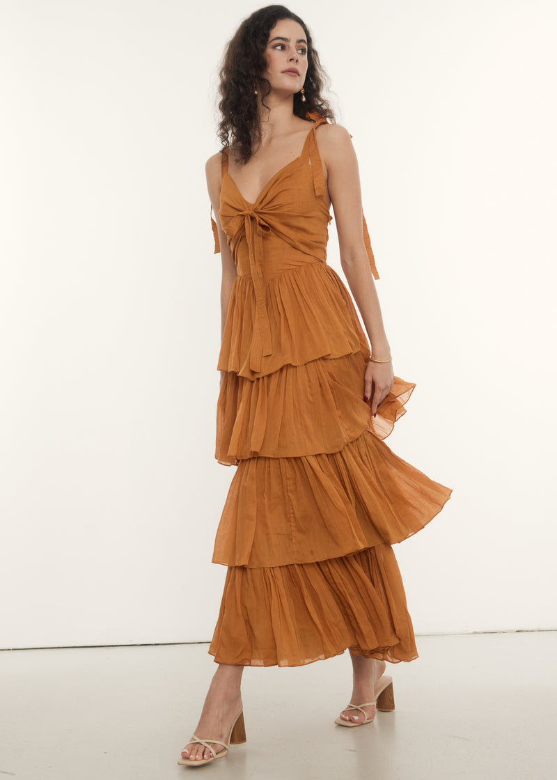 Neya Midi Dress in Tan, Shop sustainable dresses with Rooh Collective