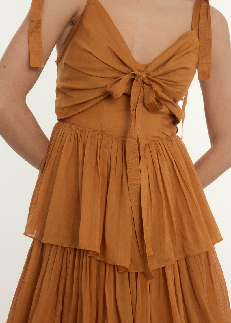 Neya Midi Dress in Tan, Shop sustainable dresses with Rooh Collective