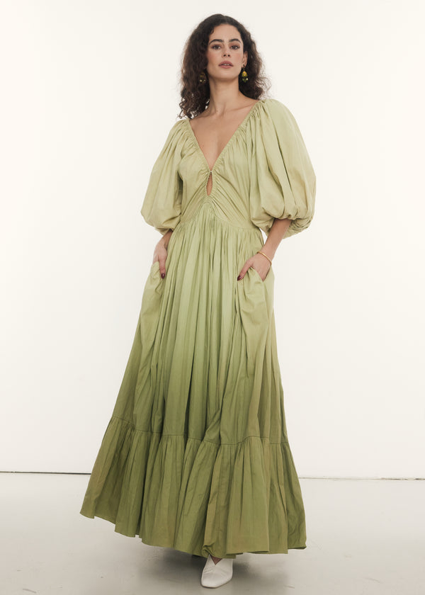 Birthday Gown Maxi Dress in Pistachio Ombre, shop sustainable dresses with Rooh Collective