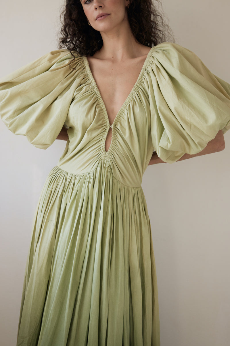 Birthday Gown Maxi Dress in Pistachio Ombre, shop sustainable dresses with Rooh Collective